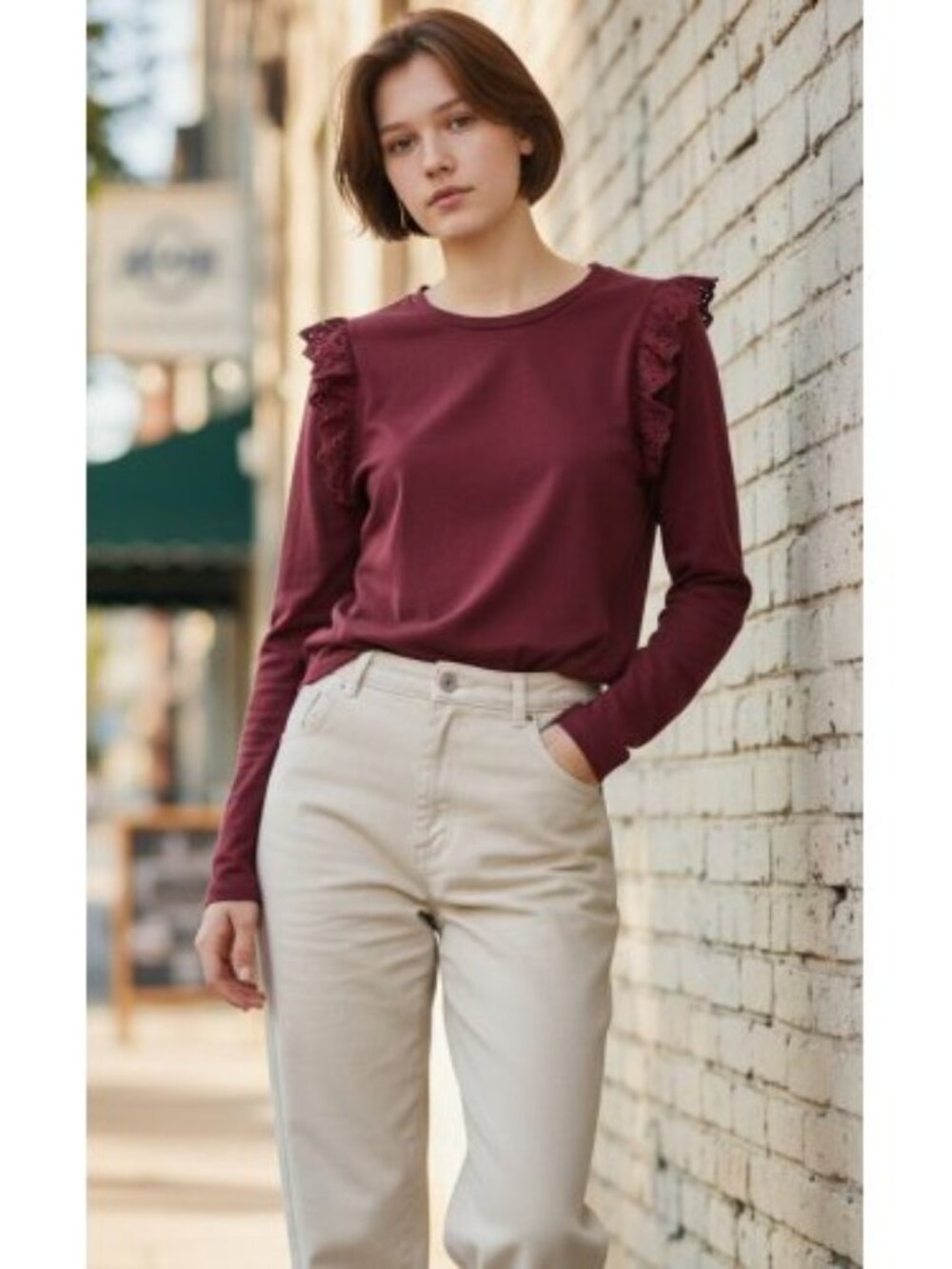 CAT & JACK Maroon Eyelet Trim Long Sleeved Top Girls XL Size 14-16
